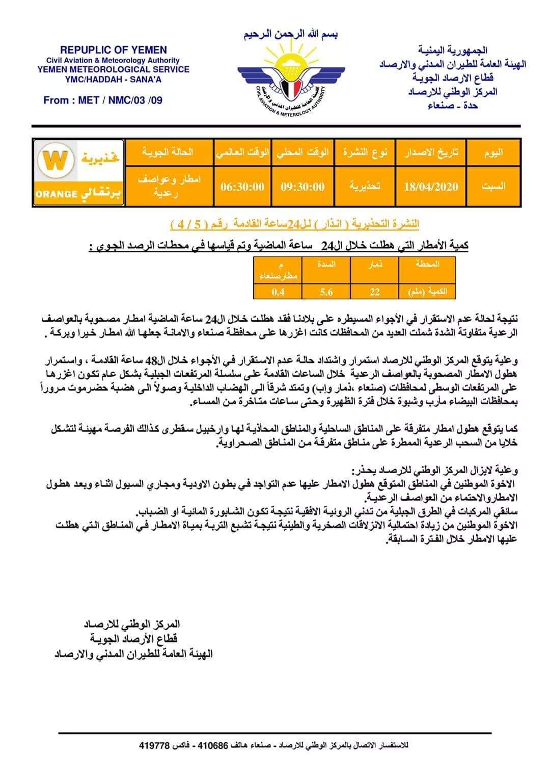 اليوم السبت .. الارصاد يحذر المواطنين من الخطر المتوقع خلال الساعات القادمة في هذه المحافظات